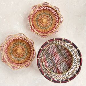 Set of 3 Vintage Woven Wicker Tan Red Green Multicolor Baskets Tabletop or Wall
